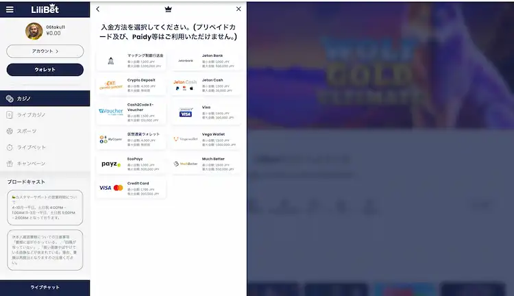 リリベット 入金の画像