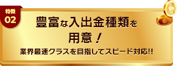 特徴02 豊富な入出金種類を用意!業界最速クラスを目指してスピード対応!!